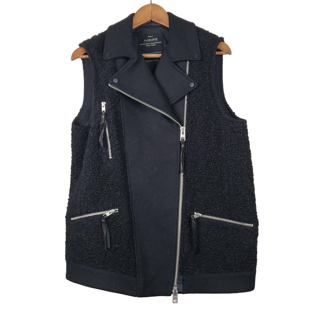 Allsaints Cho Moto Vest Knit Wool Sleeveless Zipper Military Style - 8